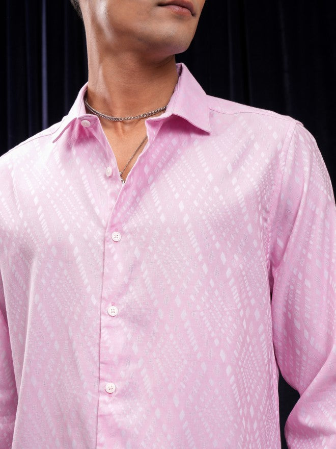 Locomotive Men Pink Textured Slim Fit Casual Shirt - Pink - Image 5
