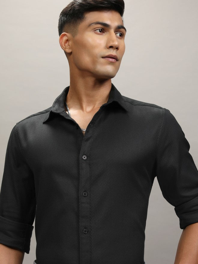 Locomotive Men Black Textured Slim Fit Casual Shirt - Black - Image 1