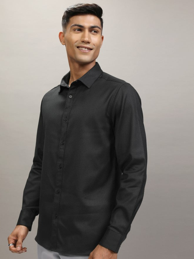 Locomotive Men Black Textured Slim Fit Casual Shirt - Black - Image 4