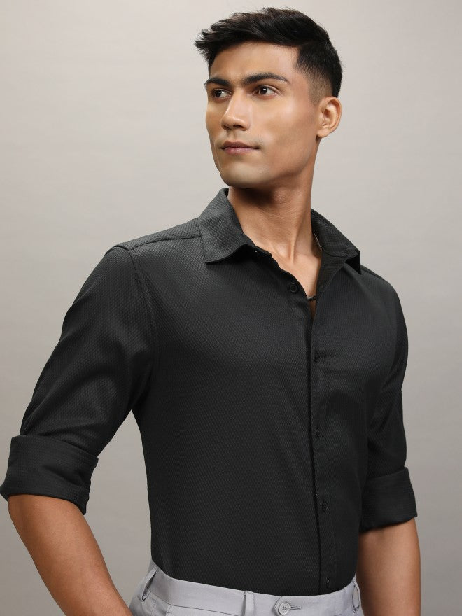 Locomotive Men Black Textured Slim Fit Casual Shirt - Black - Image 6