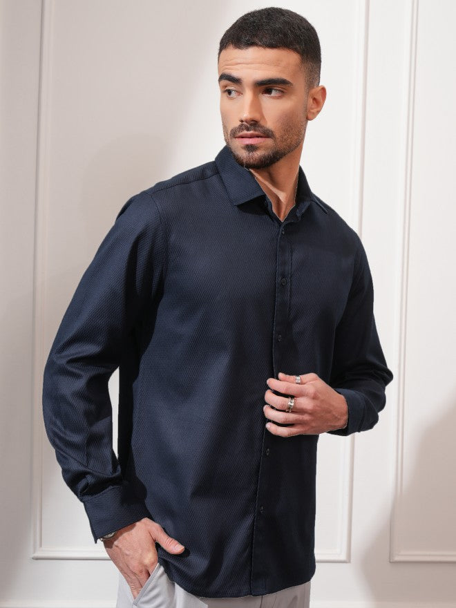 Locomotive Men Navy Blue Solid Slim Fit Casual Shirt - Navy Blue - Image 6