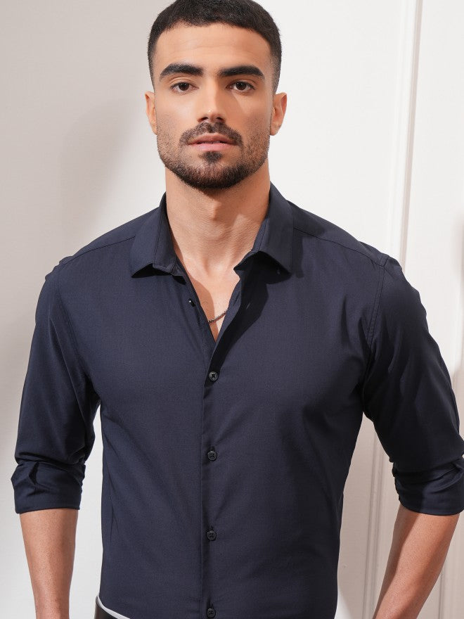 Locomotive Men Navy Blue Solid Slim Fit Casual Shirt - Navy Blue - Image 1