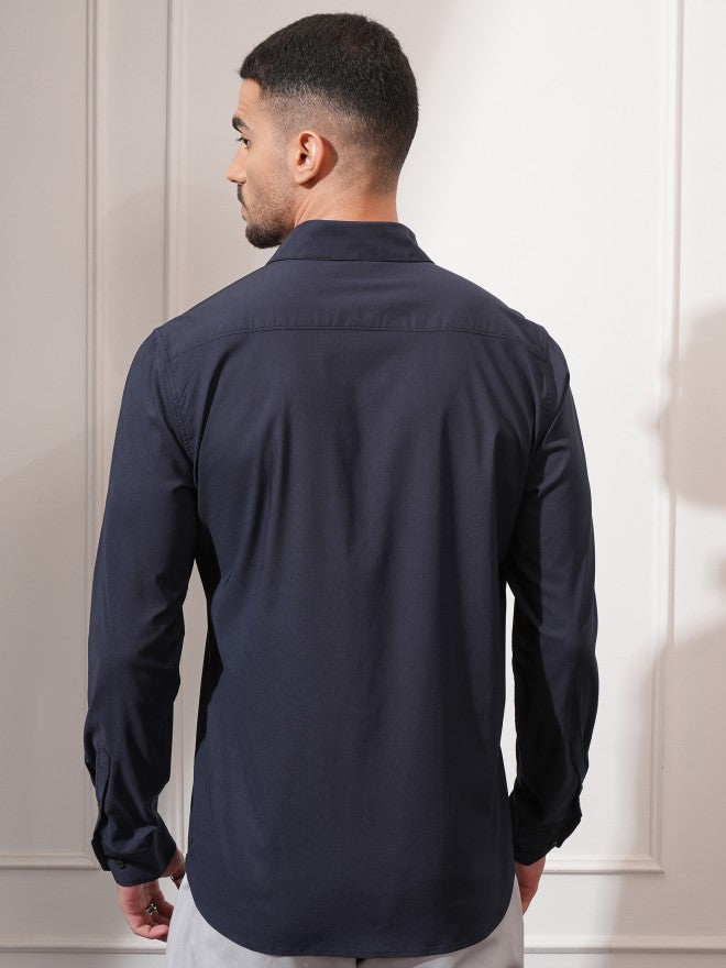 Locomotive Men Navy Blue Solid Slim Fit Casual Shirt - Navy Blue - Image 3