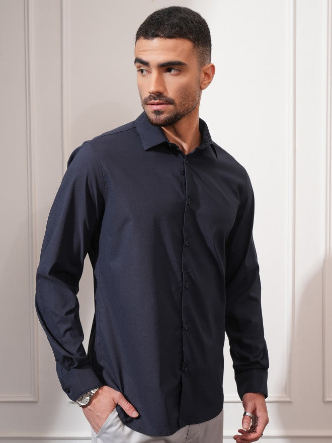 Locomotive Men Navy Blue Solid Slim Fit Casual Shirt - Navy Blue - Image 6