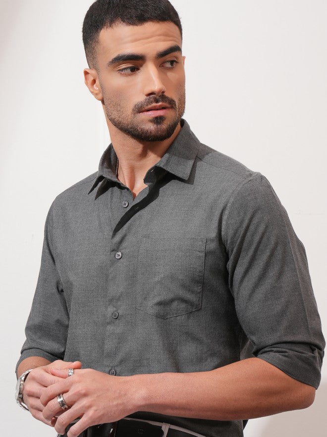 Locomotive Men Grey Solid Slim Fit Casual Shirt - Grey - Image 1