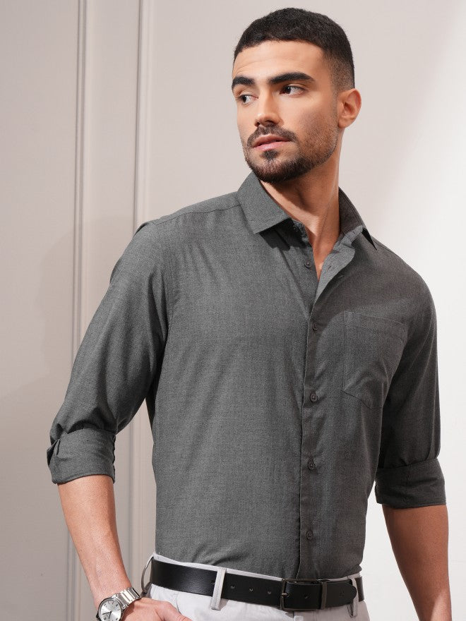 Locomotive Men Grey Solid Slim Fit Casual Shirt - Grey - Image 6