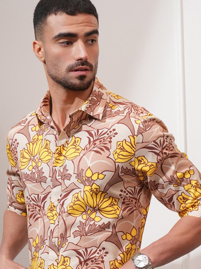 Locomotive Men Peach Printed Slim Fit Casual Shirt - Peach - Image 1