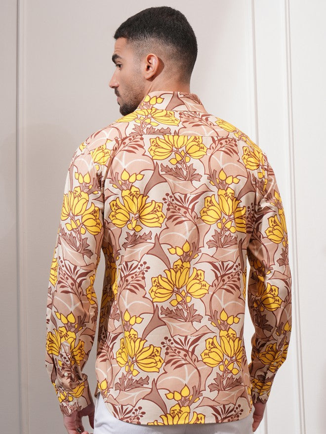 Locomotive Men Peach Printed Slim Fit Casual Shirt - Peach - Image 3