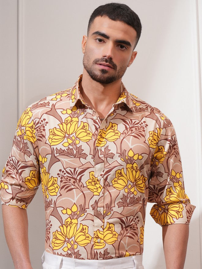 Locomotive Men Peach Printed Slim Fit Casual Shirt - Peach - Image 4