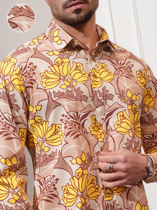 Locomotive Men Peach Printed Slim Fit Casual Shirt - Peach - Image 5