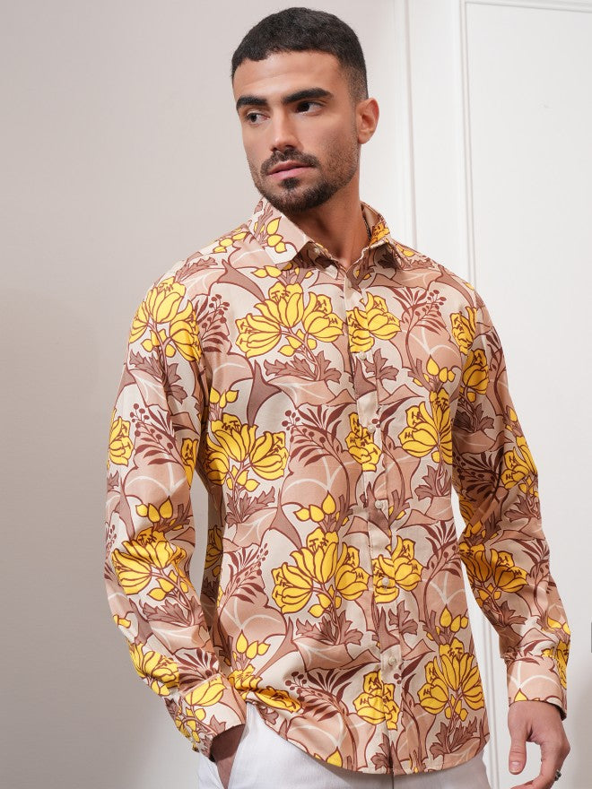 Locomotive Men Peach Printed Slim Fit Casual Shirt - Peach - Image 6