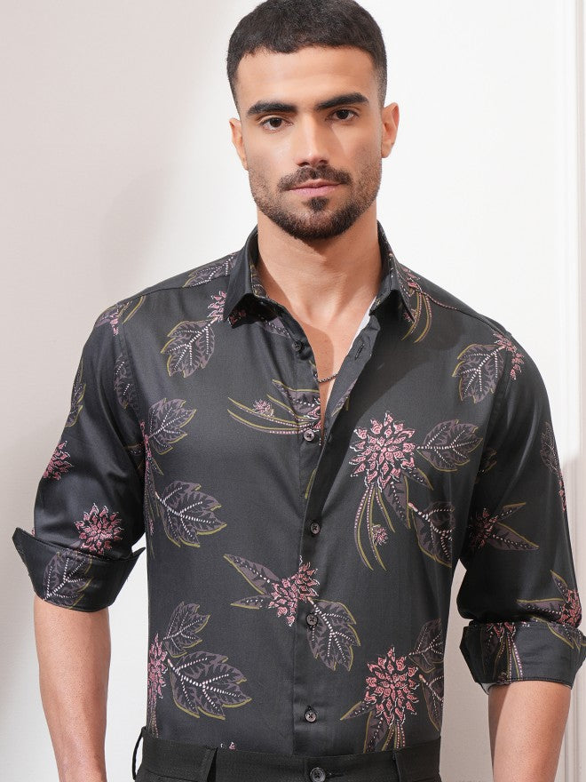 Locomotive Men Black Printed Slim Fit Casual Shirt - Black - Image 1