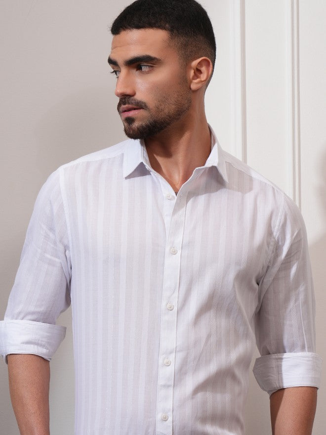 Locomotive Men White Striped Slim Fit Casual Shirt - White - Image 1