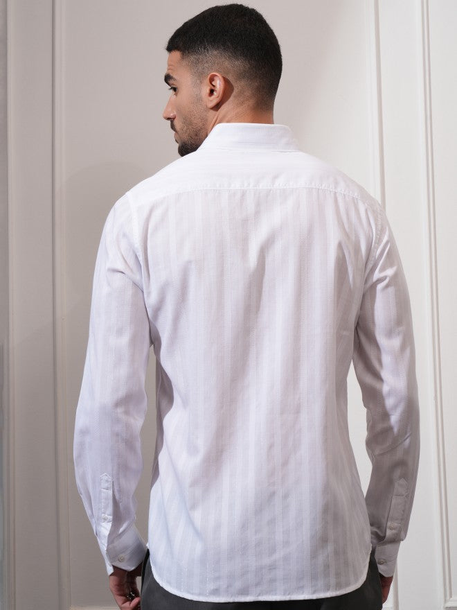 Locomotive Men White Striped Slim Fit Casual Shirt - White - Image 3