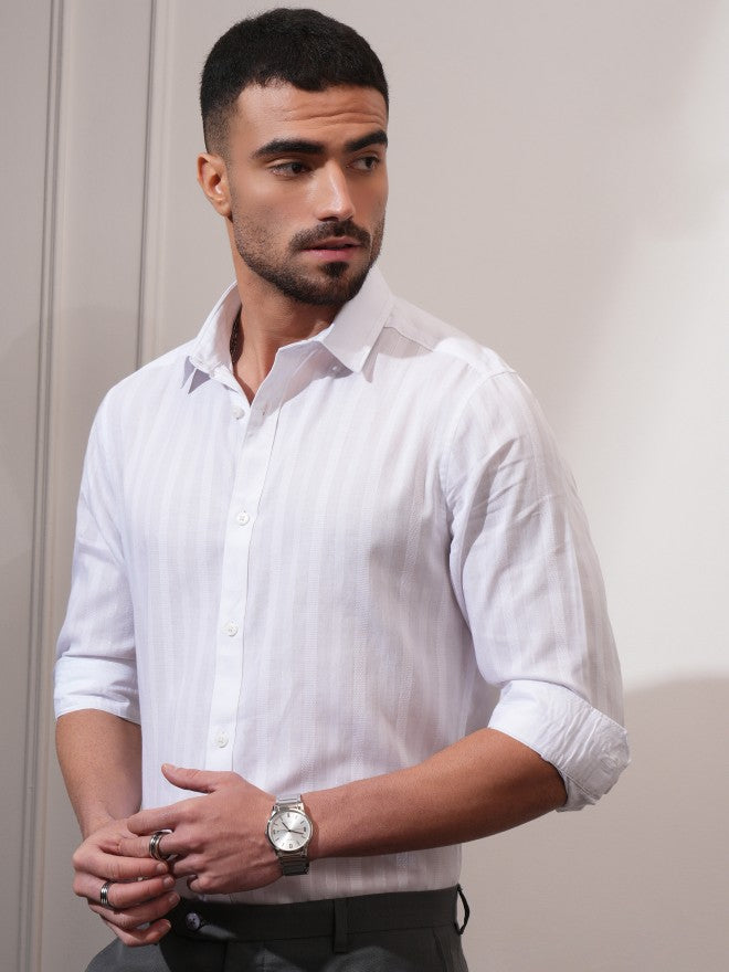 Locomotive Men White Striped Slim Fit Casual Shirt - White - Image 4