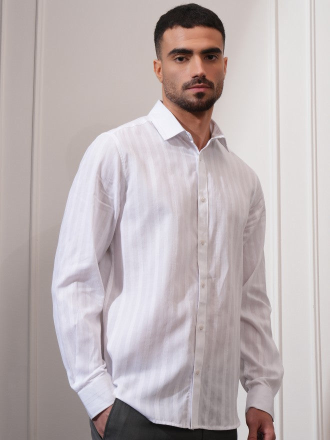 Locomotive Men White Striped Slim Fit Casual Shirt - White - Image 6