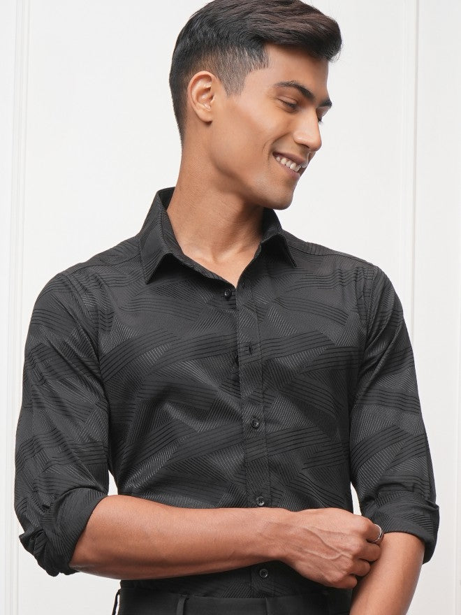 Locomotive Men Black Self Design Slim Fit Casual Shirt - Black - Image 1