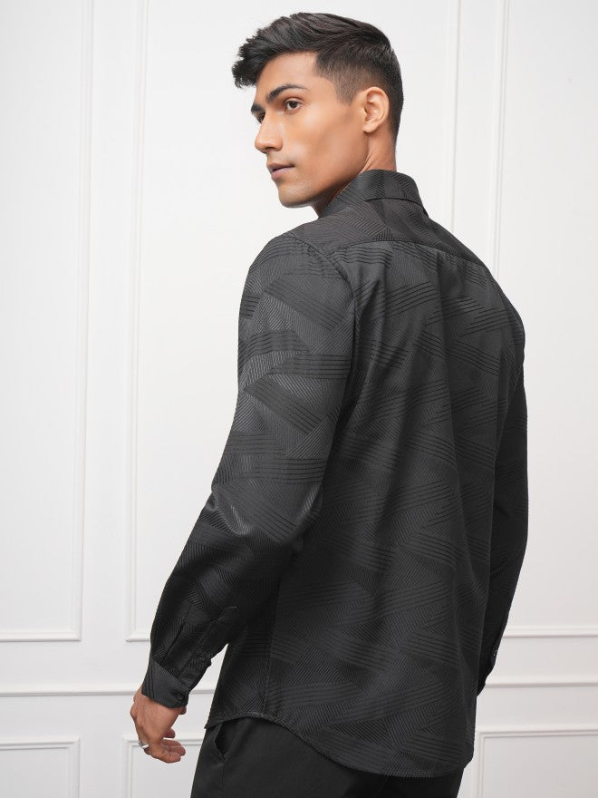 Locomotive Men Black Self Design Slim Fit Casual Shirt - Black - Image 3