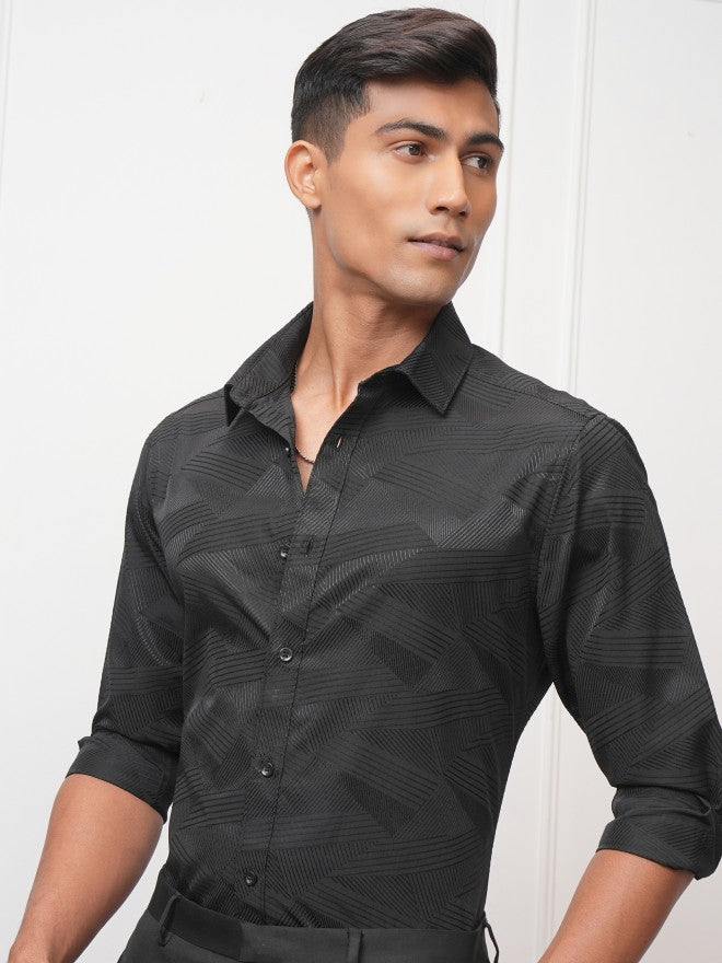 Locomotive Men Black Self Design Slim Fit Casual Shirt - Black - Image 4