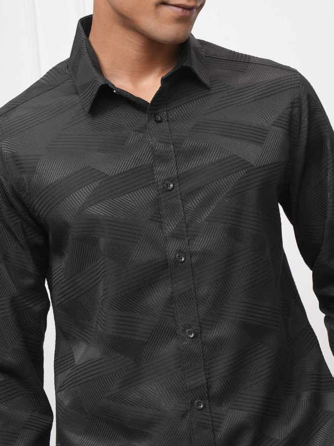 Locomotive Men Black Self Design Slim Fit Casual Shirt - Black - Image 5