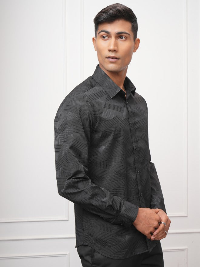 Locomotive Men Black Self Design Slim Fit Casual Shirt - Black - Image 6