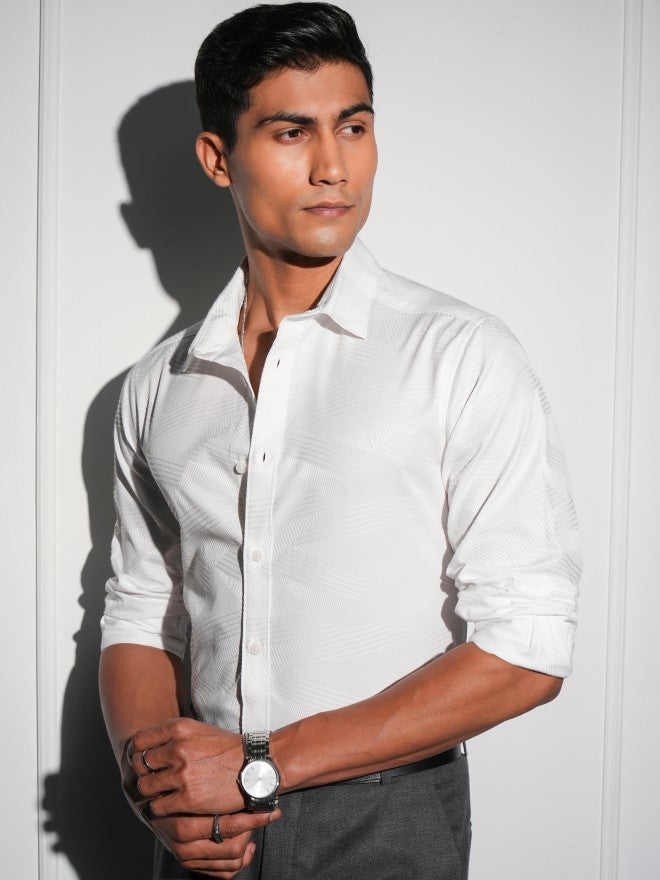 Locomotive Men Black Textured Slim Fit Casual Shirt - White - Image 4