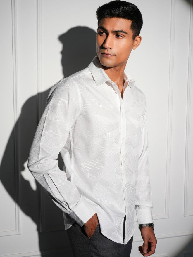 Locomotive Men Black Textured Slim Fit Casual Shirt - White - Image 6