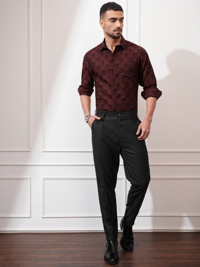Locomotive Men Black Checked Slim Fit Casual Shirt - Maroon - Image 2