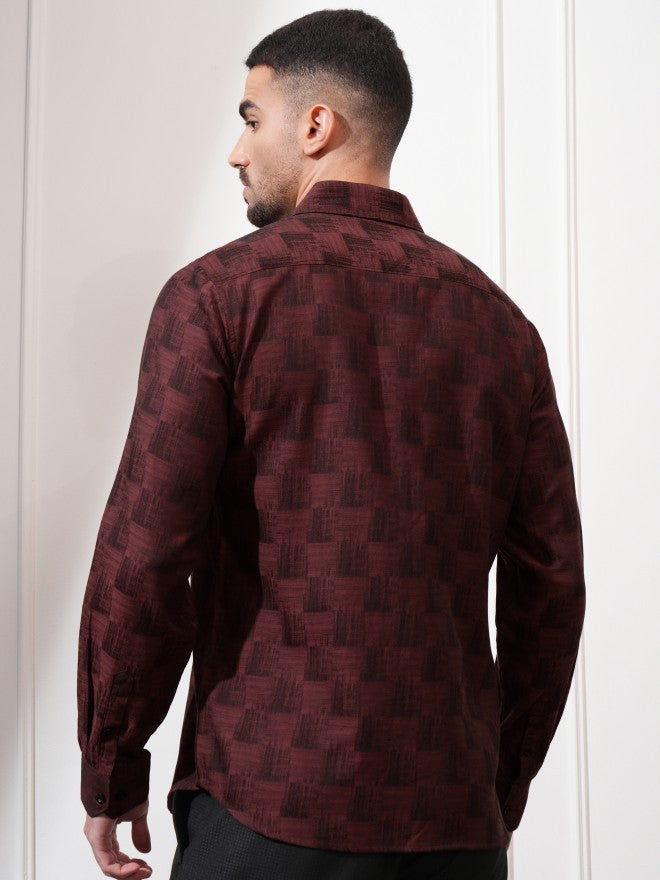 Locomotive Men Black Checked Slim Fit Casual Shirt - Maroon - Image 3