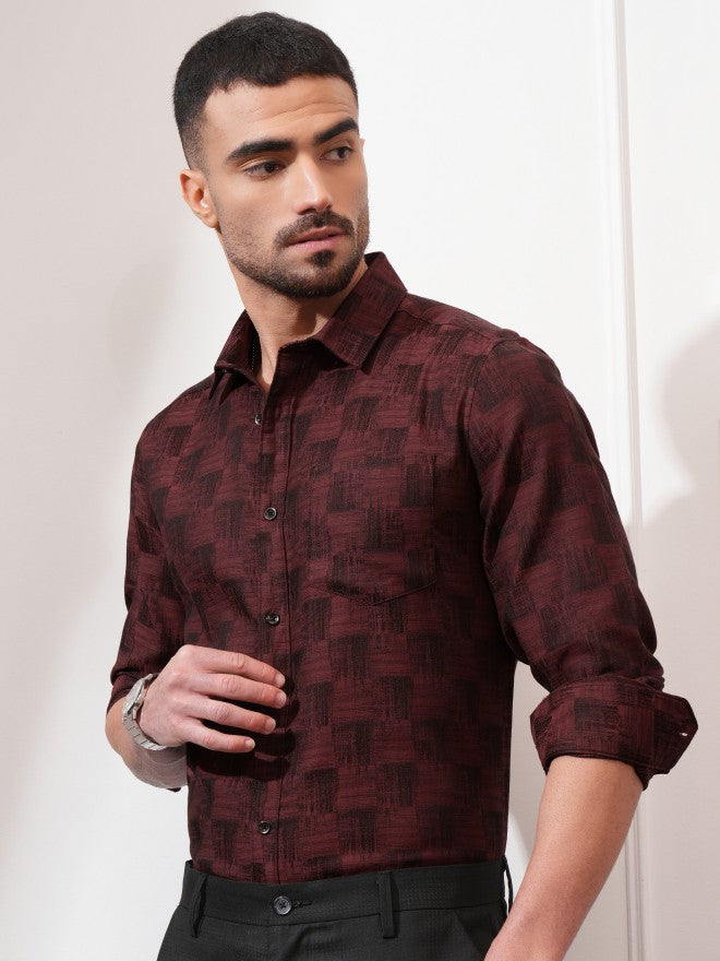 Locomotive Men Black Checked Slim Fit Casual Shirt - Maroon - Image 4
