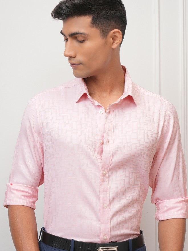 Locomotive Men Pink Textured Slim Fit Casual Shirt - Pink - Image 1
