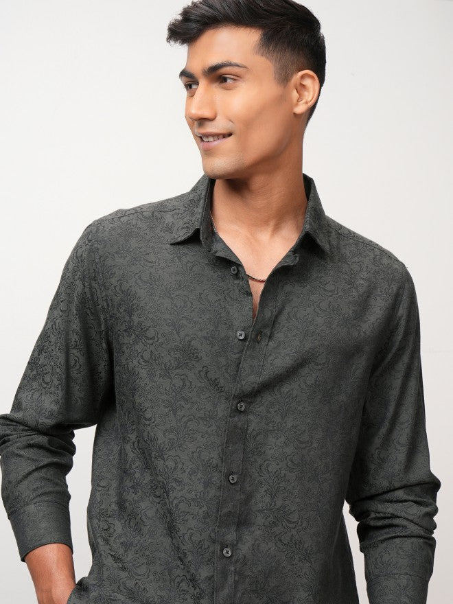 Locomotive Men Olive Printed Slim Fit Casual Shirt - Olive - Image 1