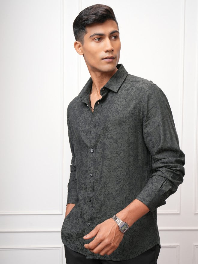 Locomotive Men Olive Printed Slim Fit Casual Shirt - Olive - Image 4