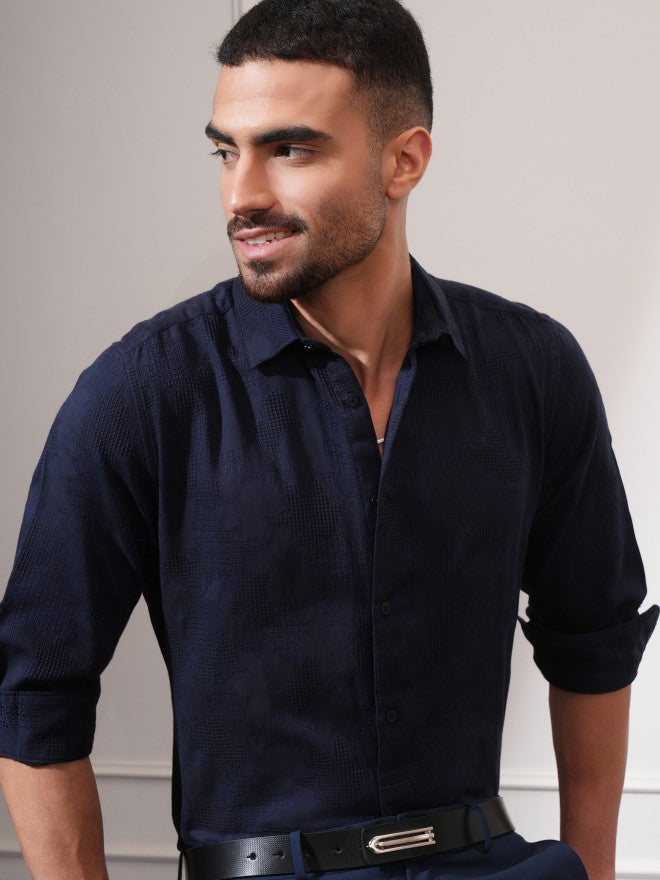 Locomotive Men Navy Blue Textured Slim Fit Casual Shirt - Navy Blue - Image 1