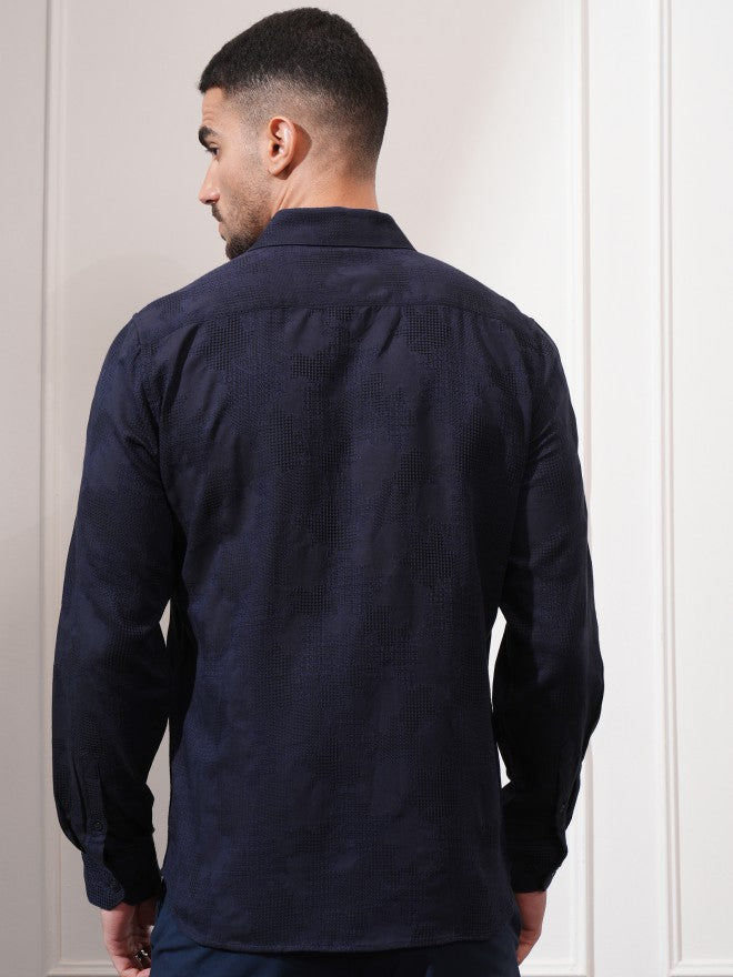 Locomotive Men Navy Blue Textured Slim Fit Casual Shirt - Navy Blue - Image 3