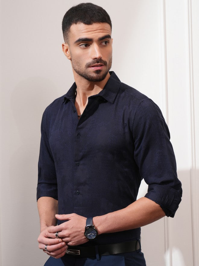 Locomotive Men Navy Blue Textured Slim Fit Casual Shirt - Navy Blue - Image 4
