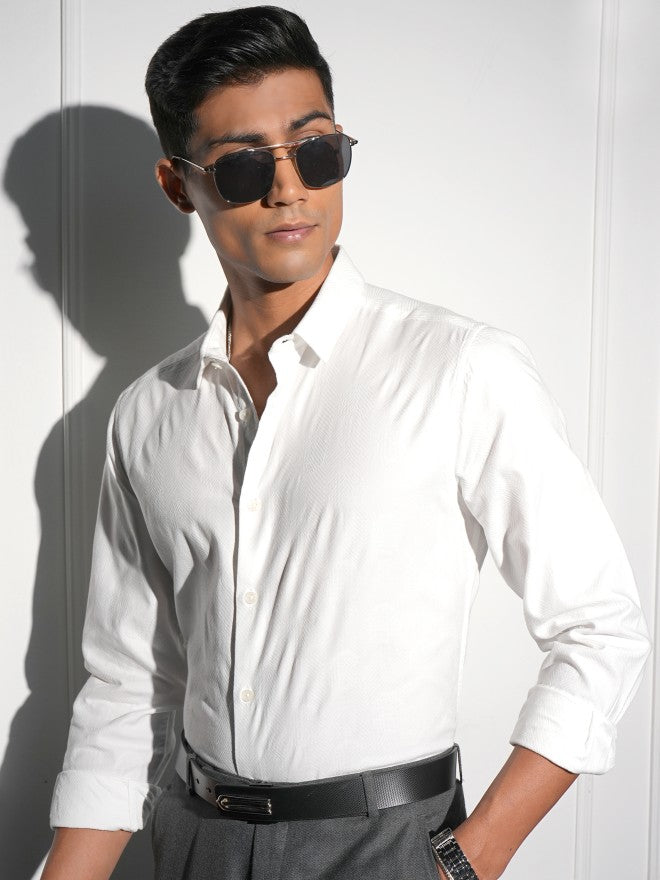 Locomotive Men White Textured Slim Fit Casual Shirt - White - Image 4