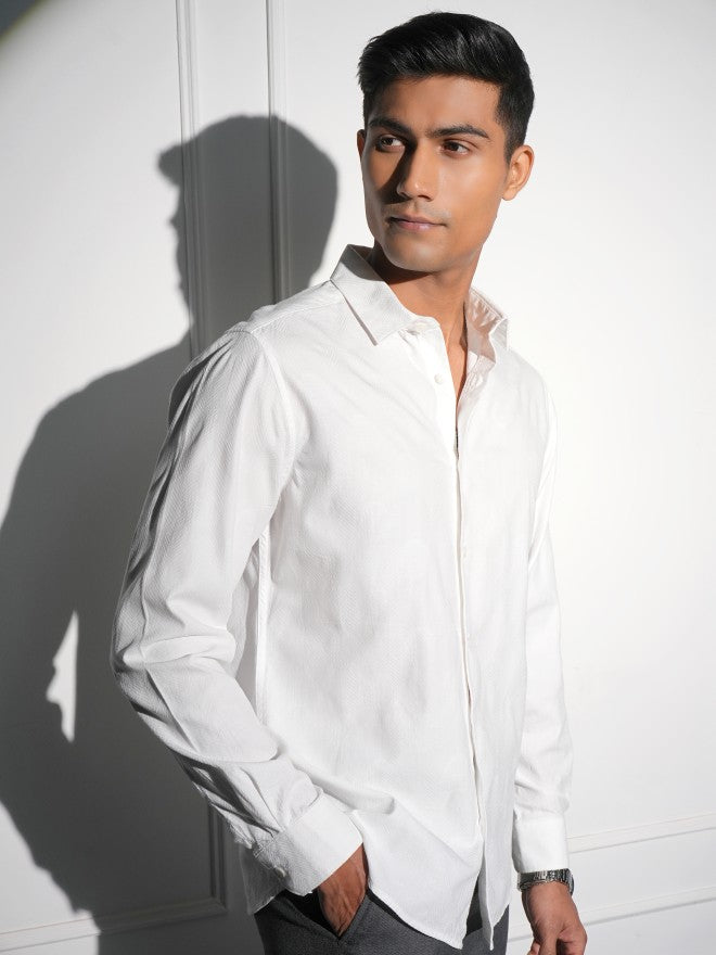 Locomotive Men White Textured Slim Fit Casual Shirt - White - Image 6