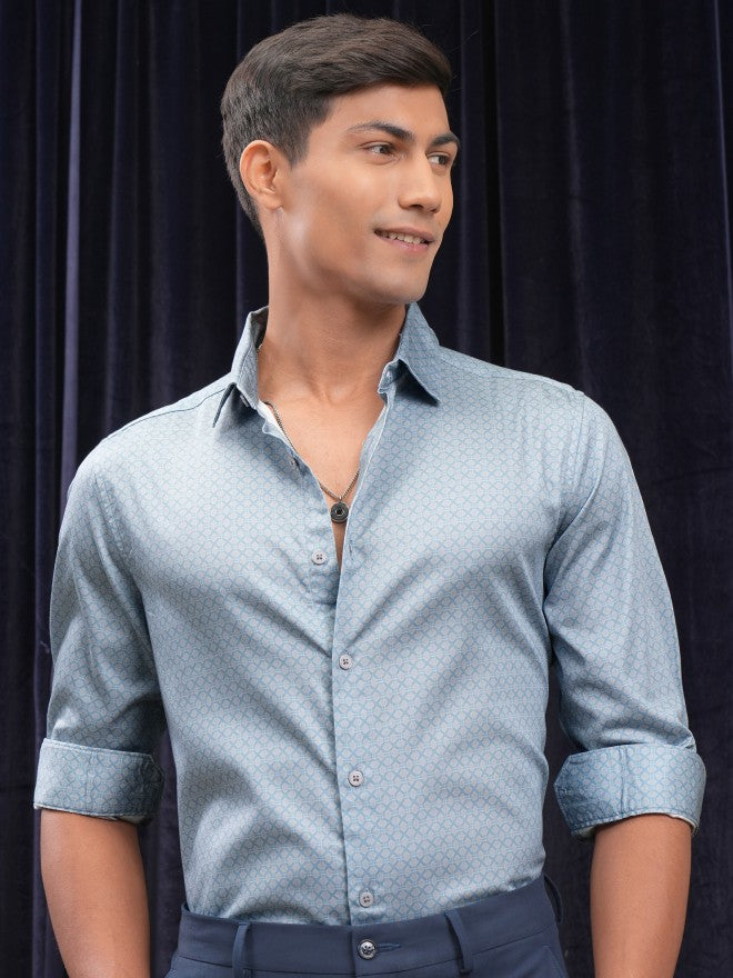 Locomotive Men Blue Printed Slim Fit Casual Shirt - Blue - Image 6
