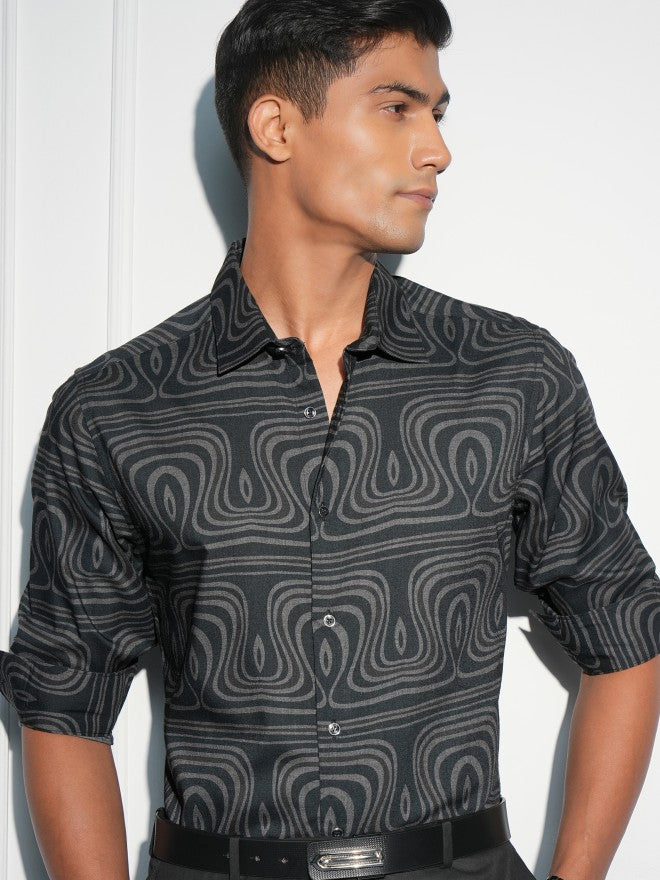 Locomotive Men Black Printed Slim Fit Casual Shirt - Black - Image 1