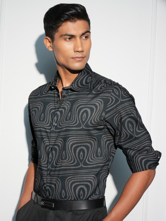 Locomotive Men Black Printed Slim Fit Casual Shirt - Black - Image 4