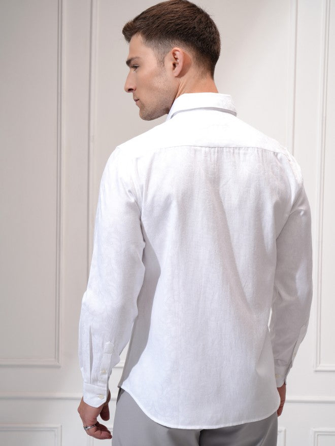 Locomotive Men White Self Design Slim Fit Casual Shirt - White - Image 3