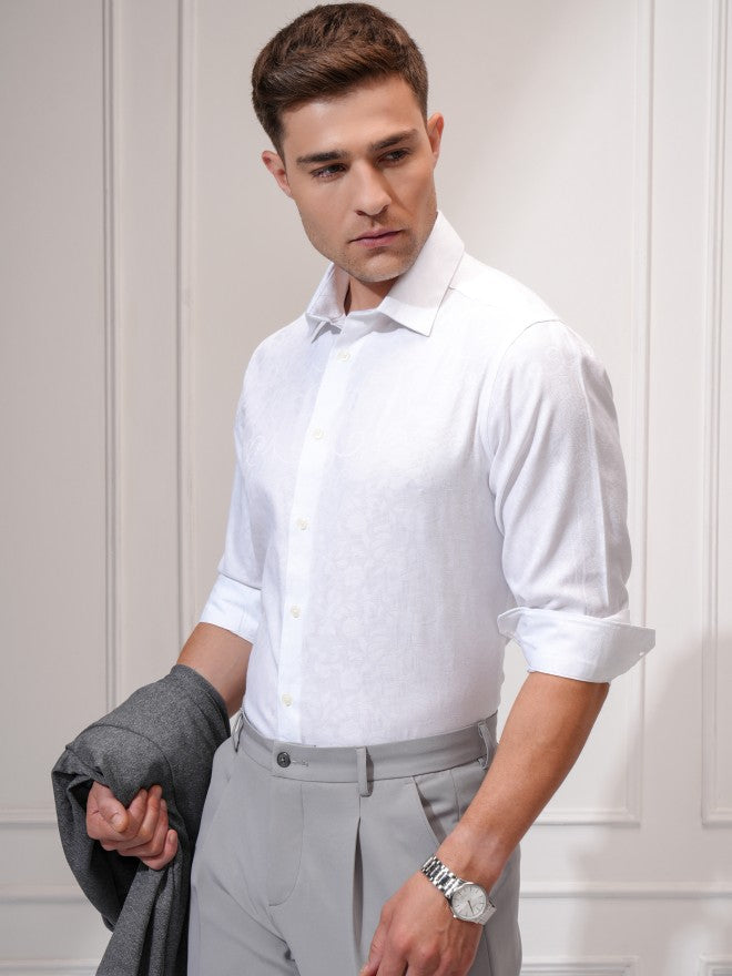 Locomotive Men White Self Design Slim Fit Casual Shirt - White - Image 4