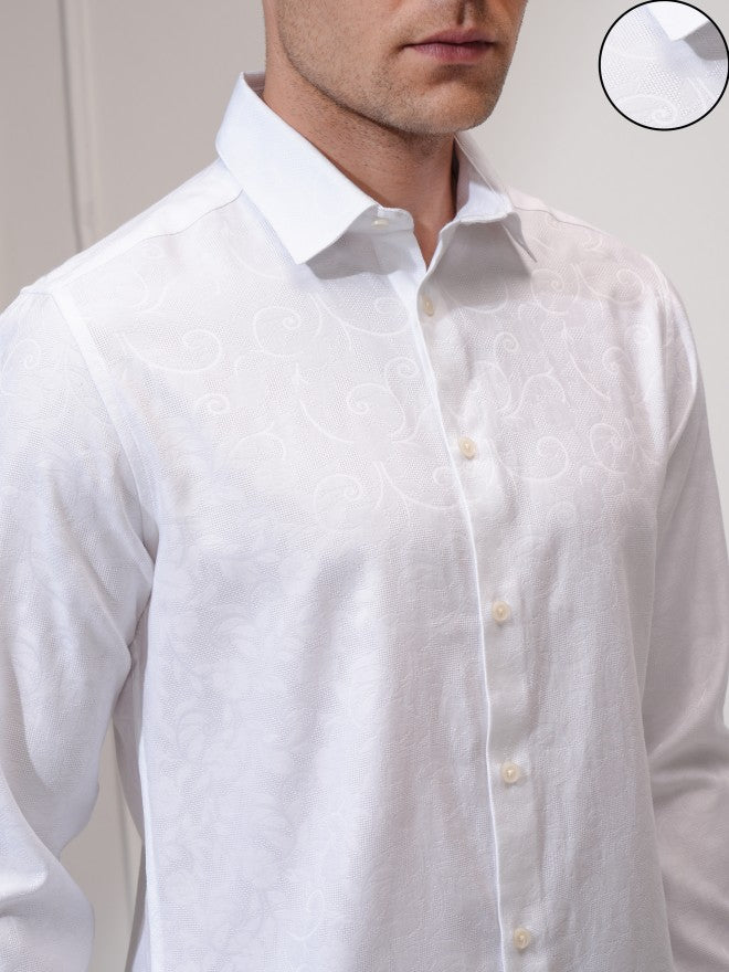 Locomotive Men White Self Design Slim Fit Casual Shirt - White - Image 5