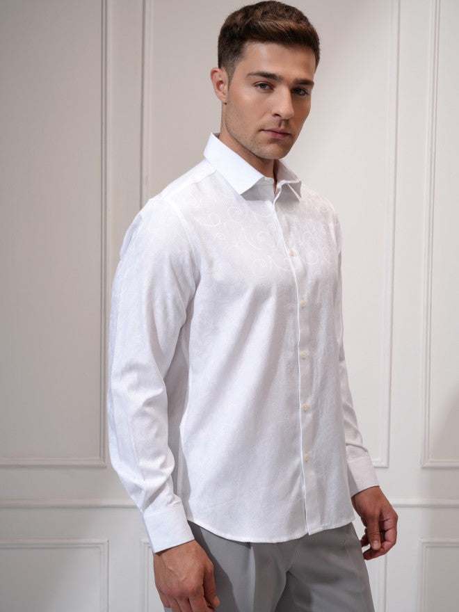 Locomotive Men White Self Design Slim Fit Casual Shirt - White - Image 6