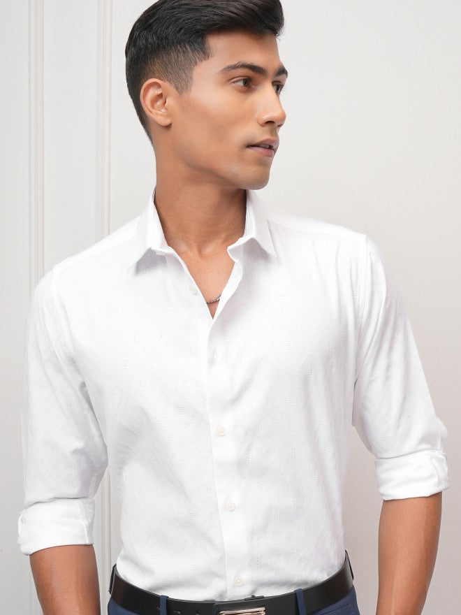 Locomotive Men White Textured Slim Fit Casual Shirt - White - Image 1