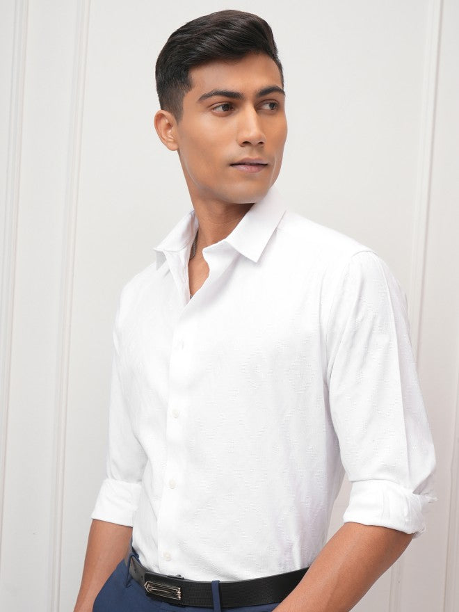 Locomotive Men White Textured Slim Fit Casual Shirt - White - Image 4
