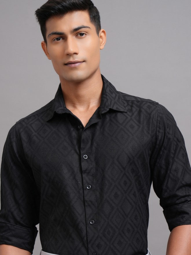Locomotive Men Black Textured Slim Fit Casual Shirt - Black - Image 1