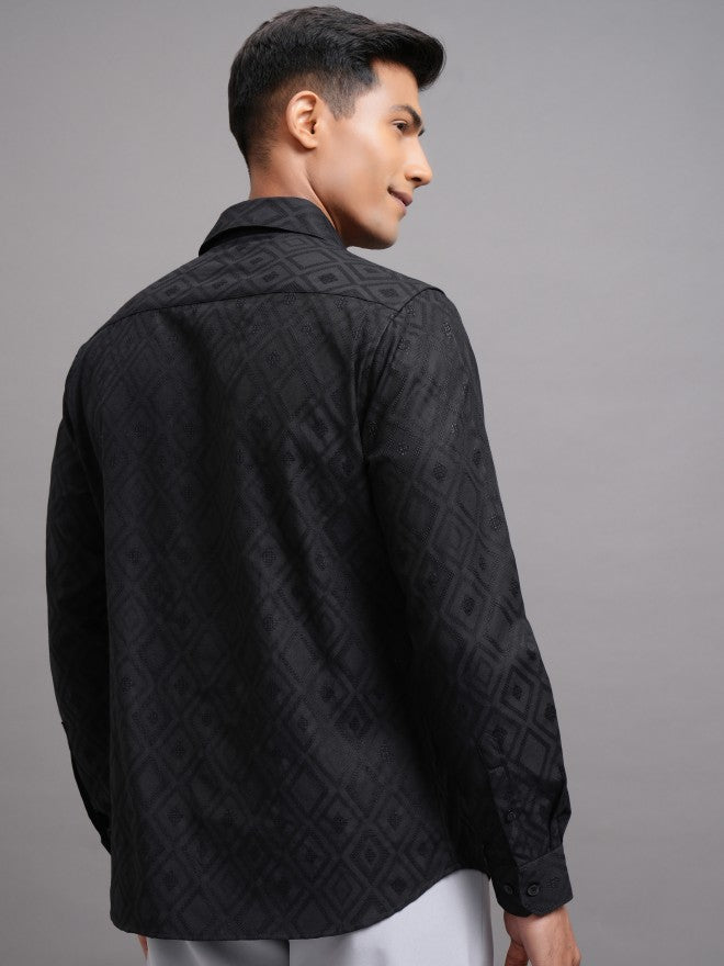 Locomotive Men Black Textured Slim Fit Casual Shirt - Black - Image 3