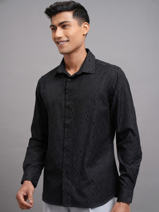 Locomotive Men Black Textured Slim Fit Casual Shirt - Black - Image 4